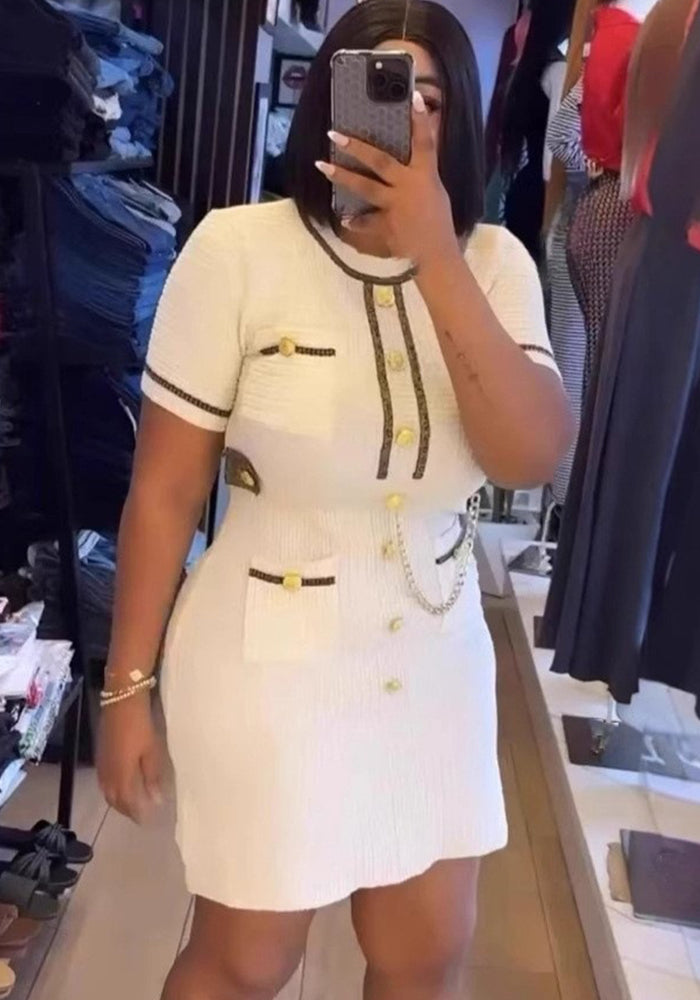 Women Short Sleeve Button Knitting Dress