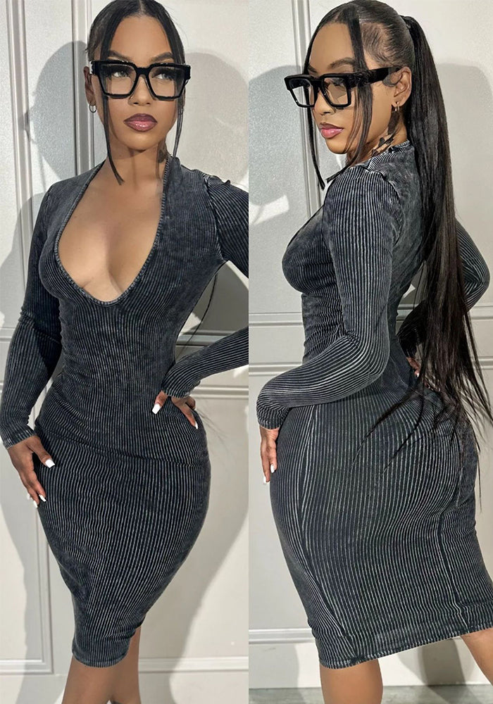 Women Ribbed Ribbed Long Sleeve V-Neck Sexy Bodycon Dress