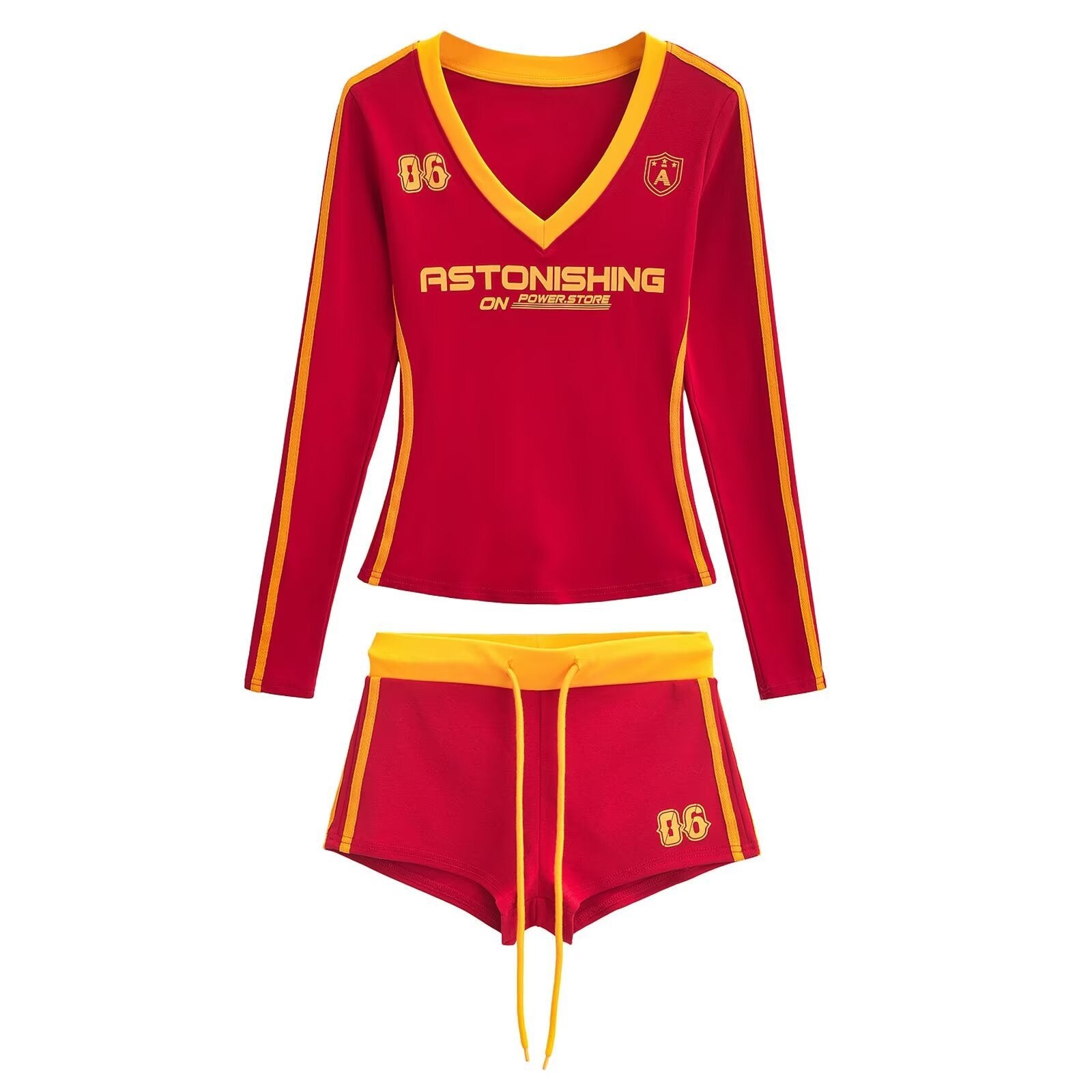 Women American Retro V-neck Contrast Print Long-sleeved T-shirt Sports Shorts Two Piece Set 16