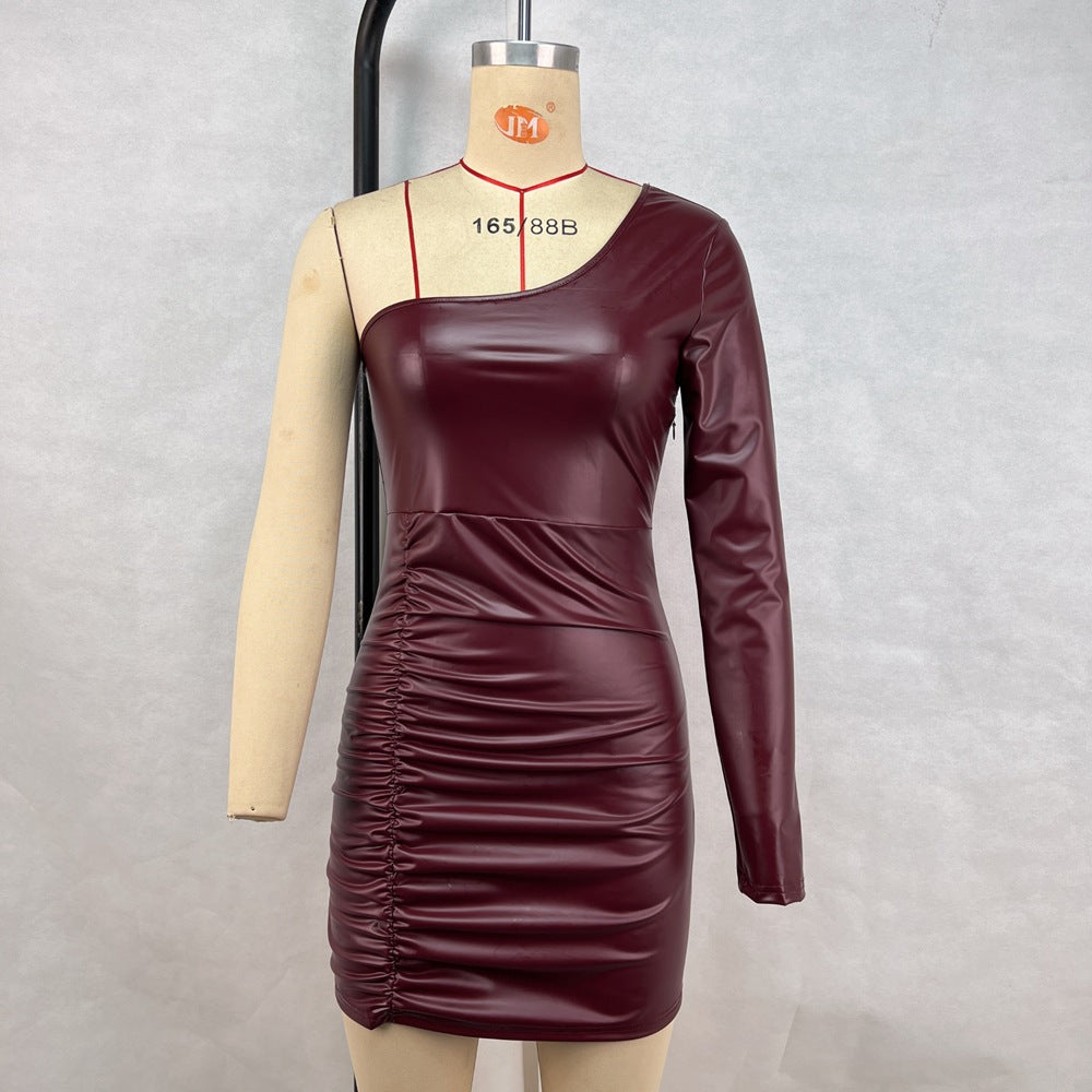 Women pu Leather Solid Patchwork Sexy Slash Shoulder Single Sleeve Pleated Bodycon Dress 12