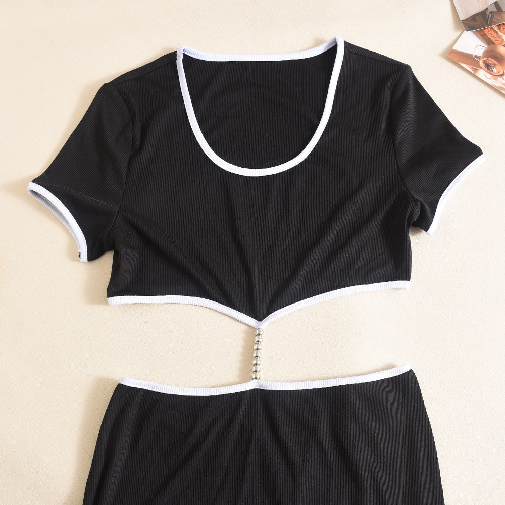 Women Summer Contrast Color Cut Out Round Neck Dress 10