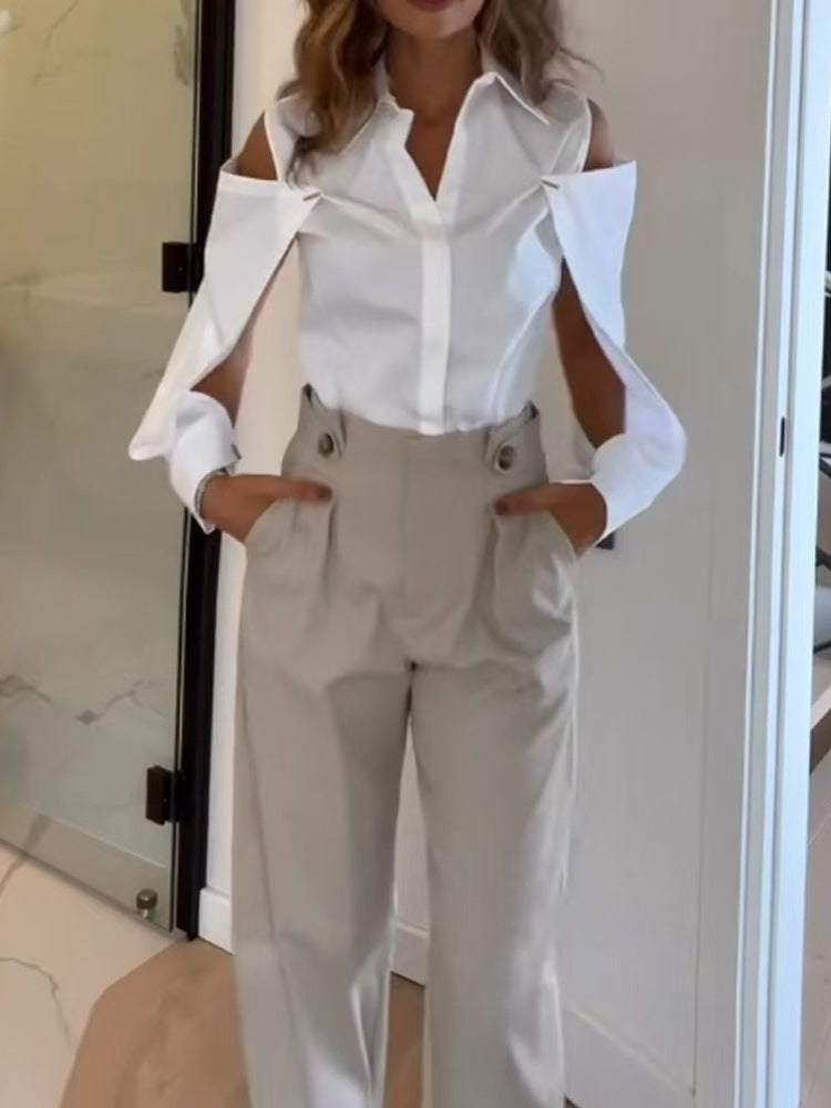 Women's Sleeveless Shirt High-Waist Straight Pants Set 4