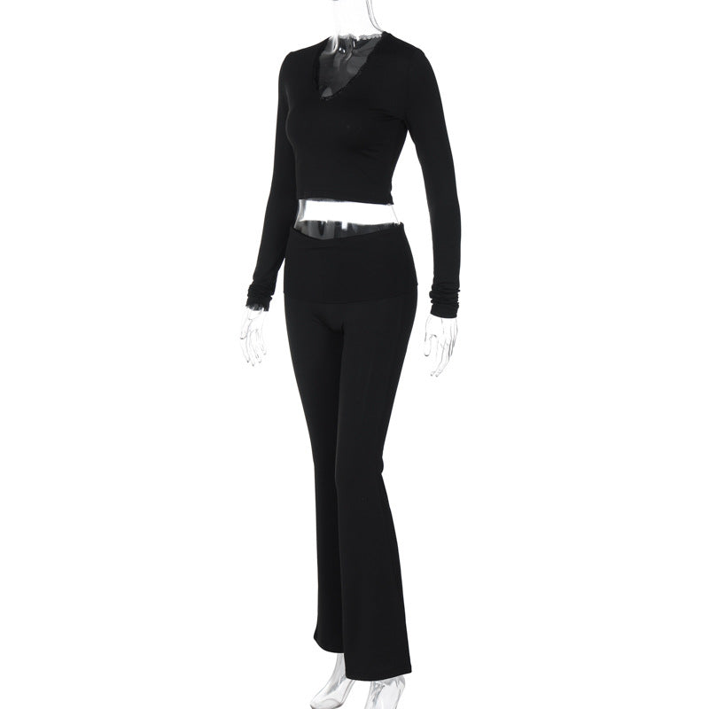 Women's Spring Fashion V-Neck Crop Top Slim Solid Color Tight Pants Two Piece Set 14