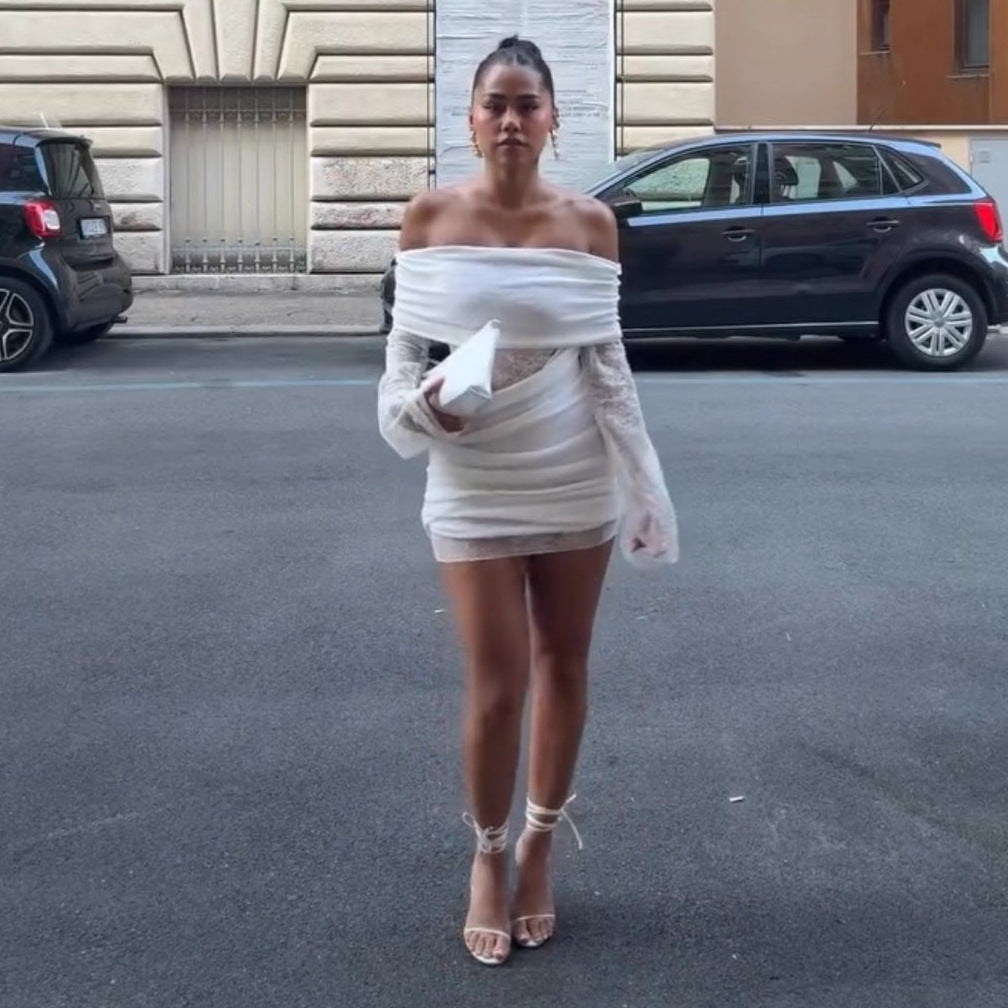 Women's Chic Lace Patchwork Off-Shoulder Knit Short Dress 6