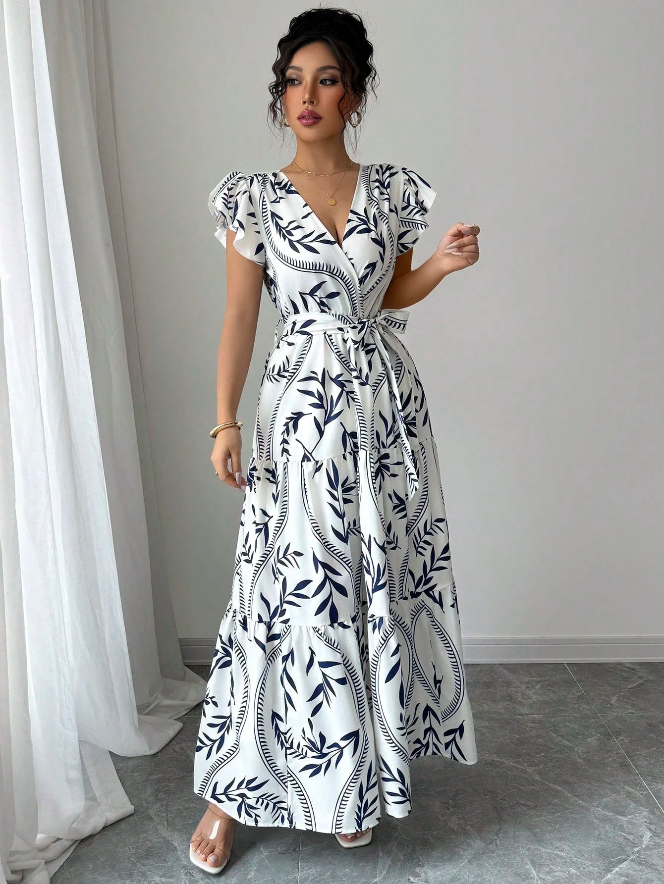 Women Spring/Summer Printed Ruffle V-Neck Sexy Maxi Dress 4