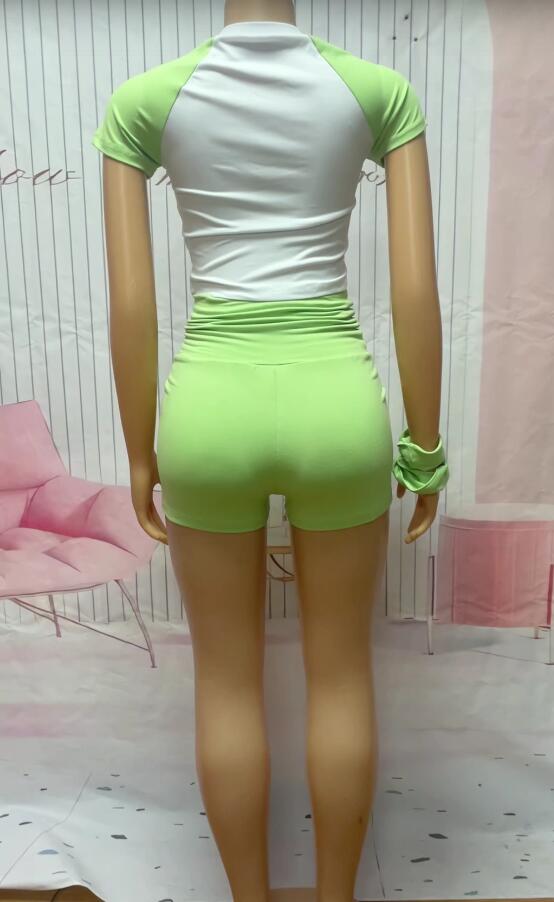 Women street raglan contrast short sleeve top and shorts Casual sports two piece set with headband 12