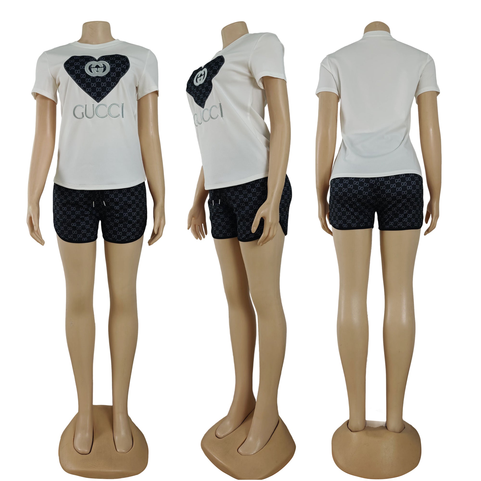 Women's Summer Embroidered Short Sleeve T-shirt and Shorts Set 14