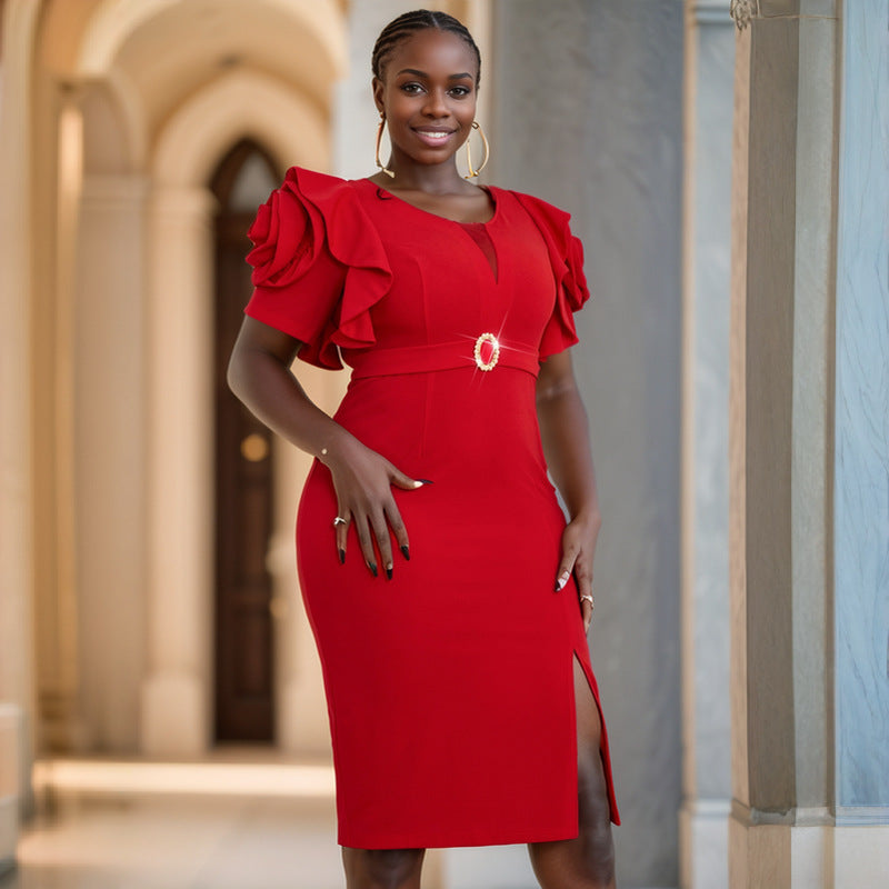 Women Round Neck petal sleeve Formal Party flower Dresses