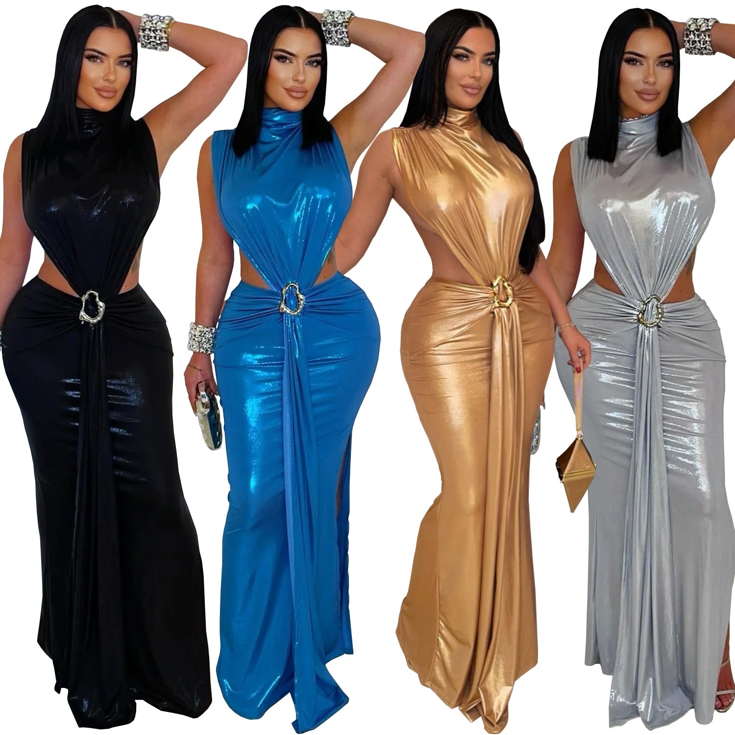 Women Sexy Elegant High-Neck Slit Dress 9