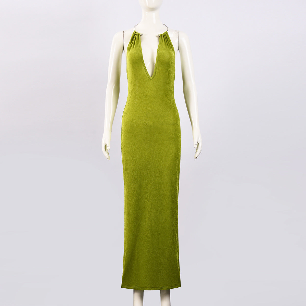Women Sexy V-Neck Metal Halter Neck Maxi Dress 8