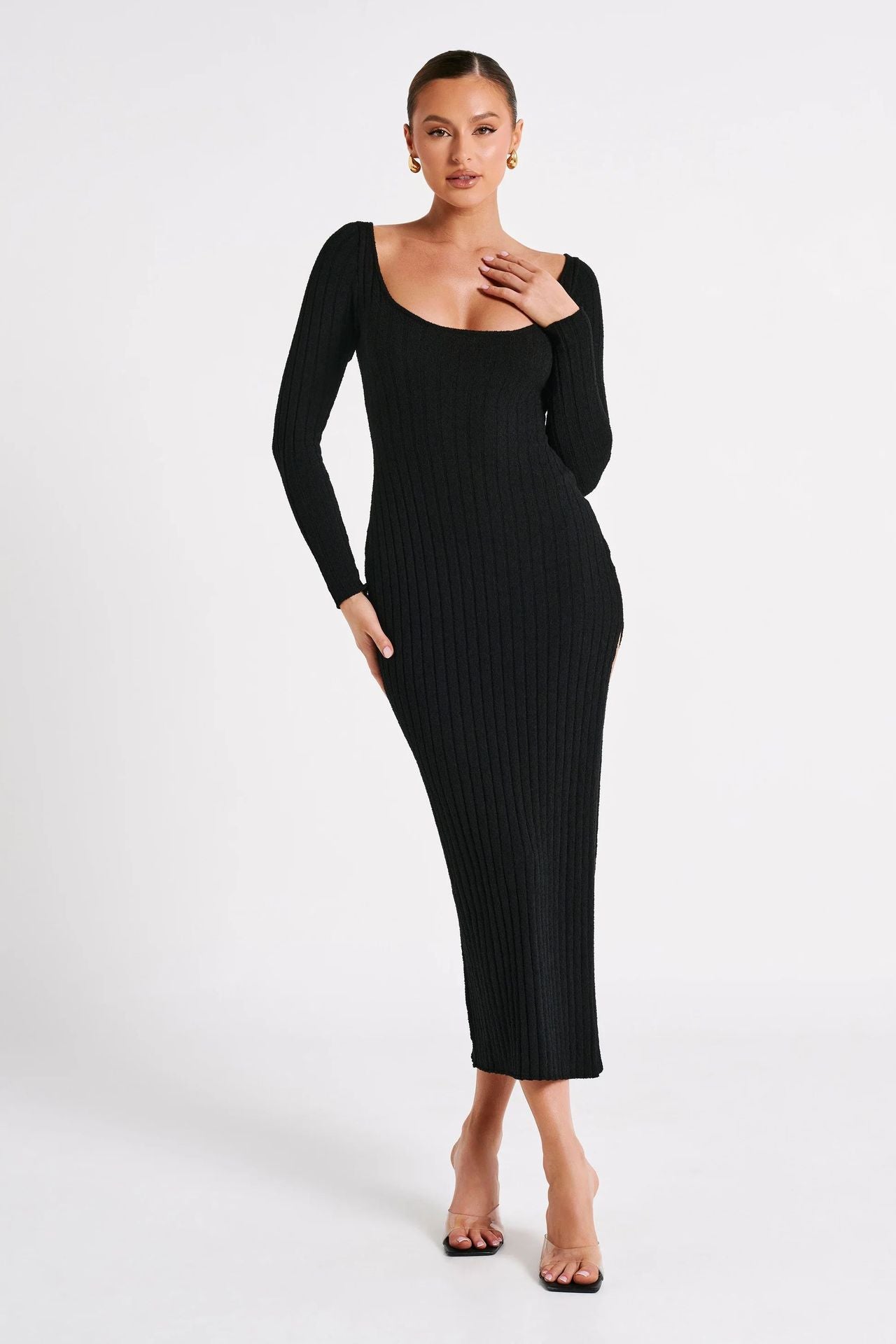 Women Autumn and Winter Round Neck Long Sleeve Slit Sexy Knitting Dress 4