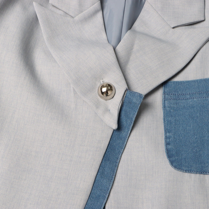 Women Autumn and Winter Fake Two Piece Patchwork Denim Blazer 11