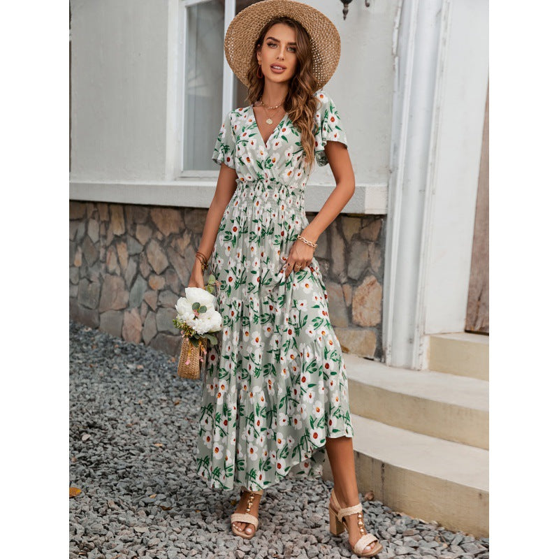 Summer V-Neck Short-Sleeved Print Cotton Dress Women's Fashion Chic Slim Waist Slim Fit Long Dress