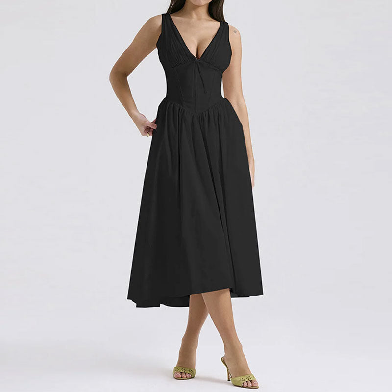 Autumn women's elegant fashion print Strap V-neck high waist Low Back a-line Dress 3