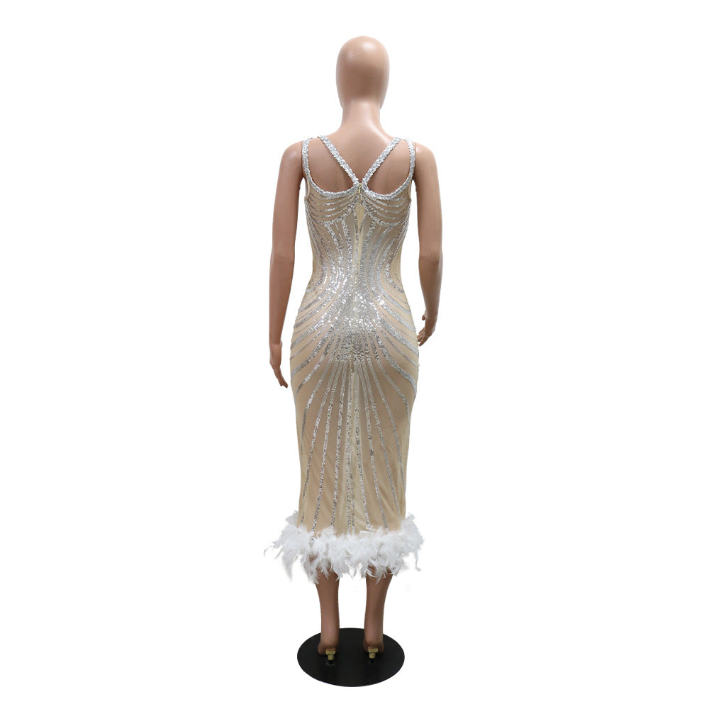 Fashionable Stripsequined Slim Waist Fur Bodycon Party Evening Dress 6