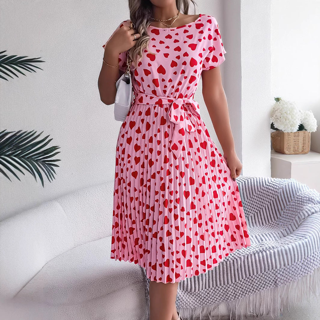 Women Spring and Summer Casual Contrast Heart Print Short Sleeve Pleated Dress