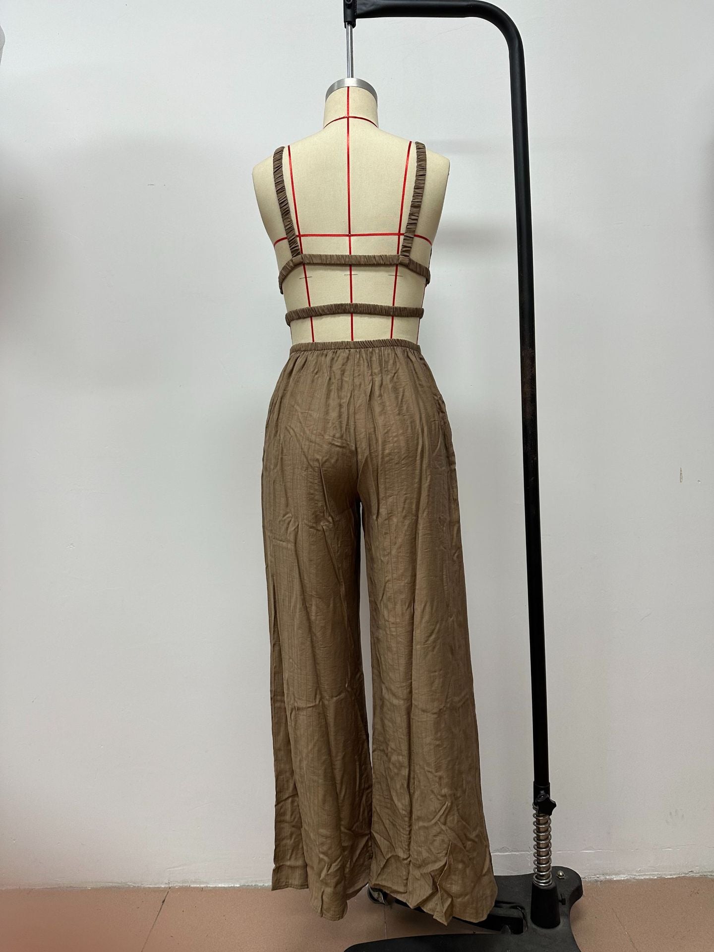 Pure Color Women's Fashionable Strap Low Back Wide Leg Jumpsuit 9