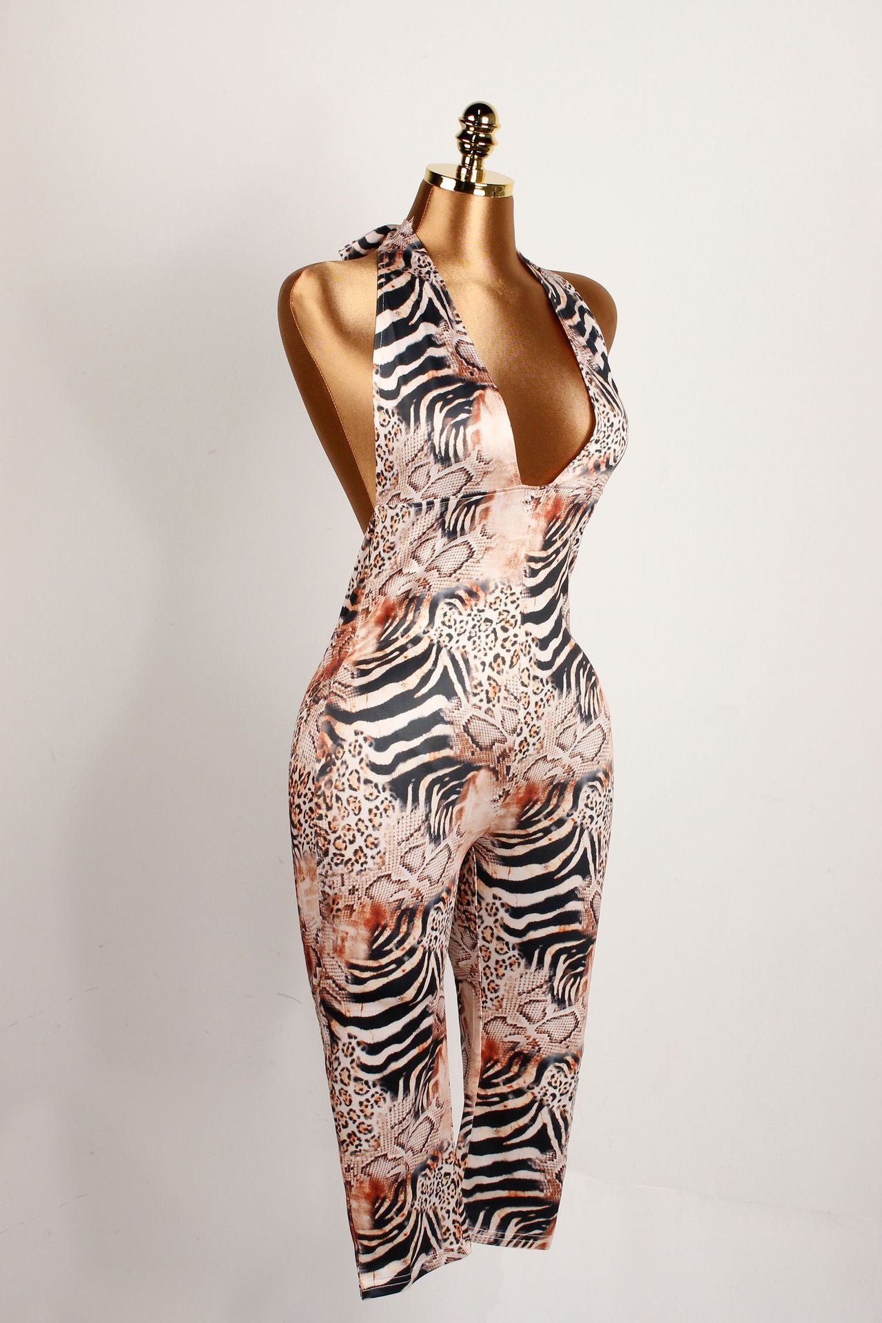 Women Summer V Neck Contrast Halter Neck Lace-Up Backless Leopard Print Jumpsuit 5