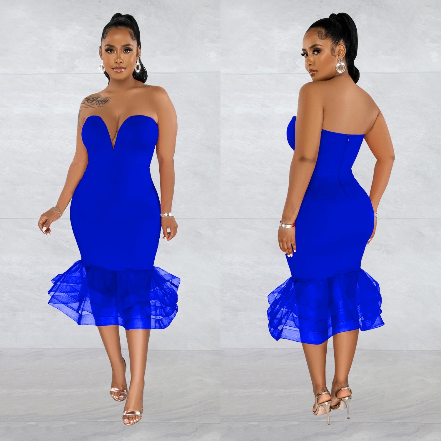 Women's Solid Color Sexy Strapless See-Through Mesh Bodycon Dress