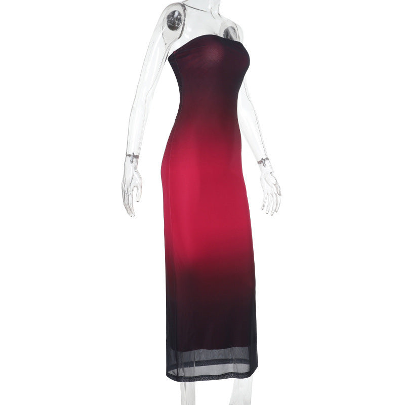 Women Strapless Gradient Mesh Backless Dress 8