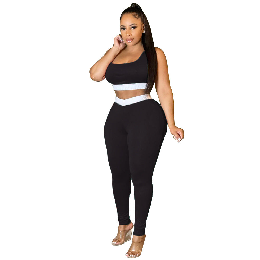 Women summer sexy vest and trousers Patchwork sports two-piece set 5
