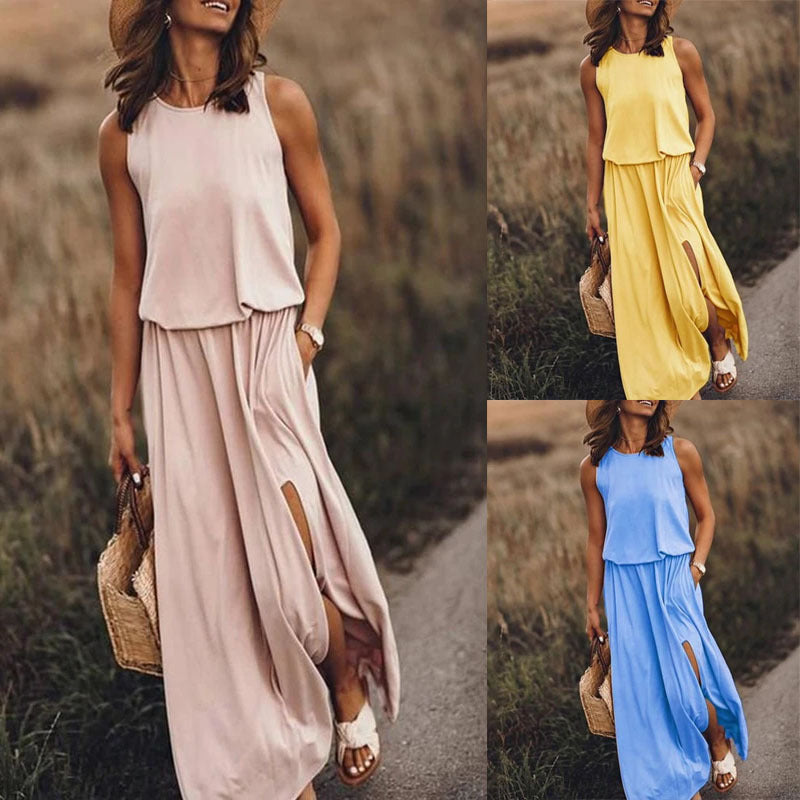 Summer Women's Trendy Retro Round Neck Sleeveless Slit Solid Color Casual Dress 12