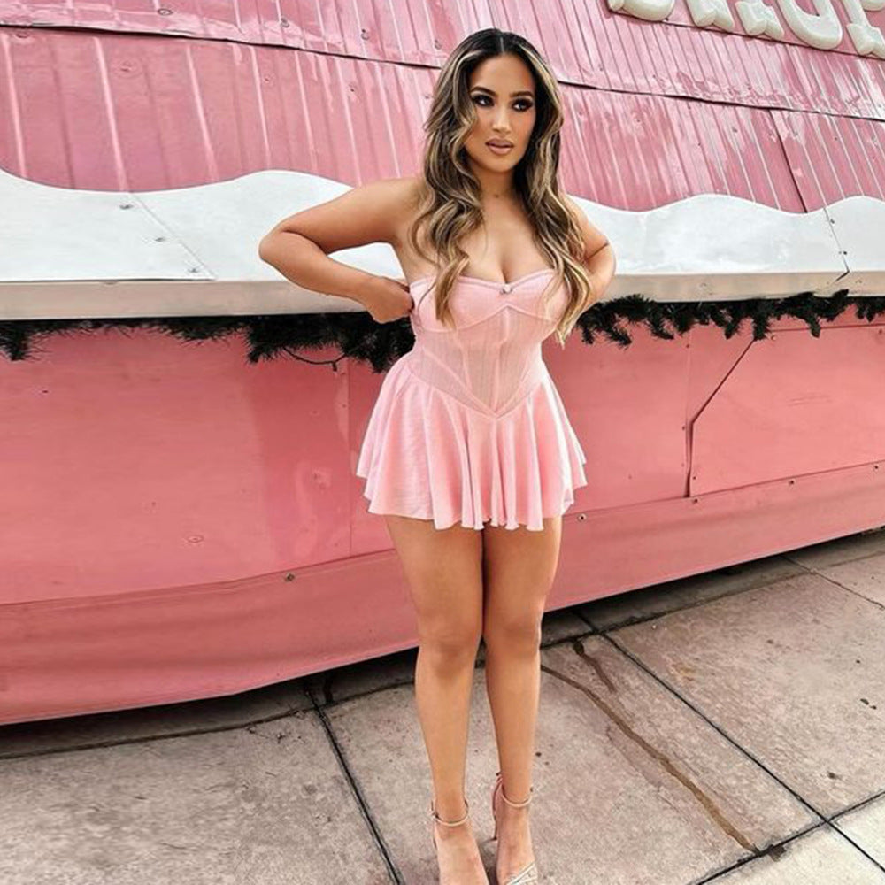 Women Elastic Wrap Backless Off Shoulder pleated skirt 13