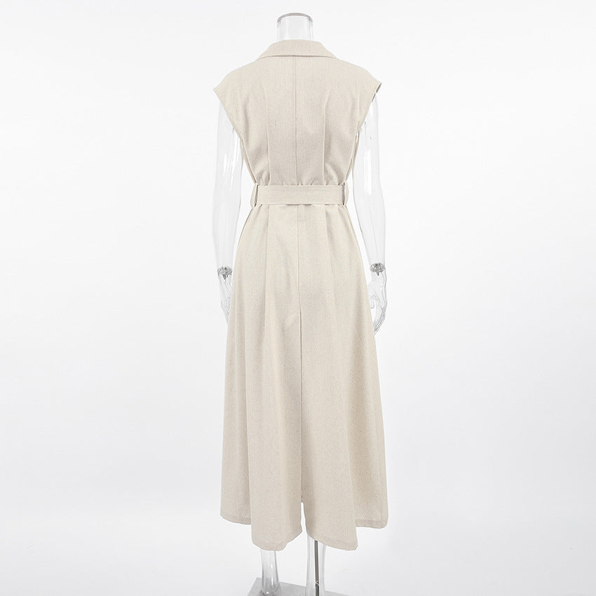 Women French Turndown Collar Belt Dress 8