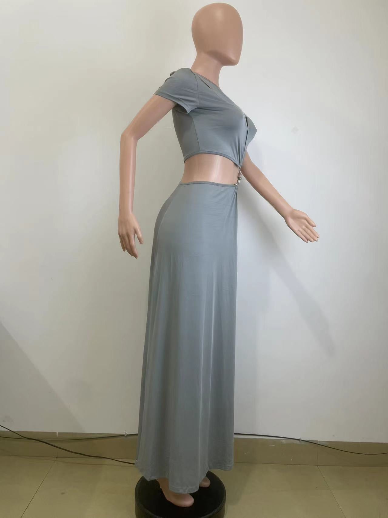 Women summer Cut Out beaded short sleeve Crop Top and Long Skirt two-piece set 8