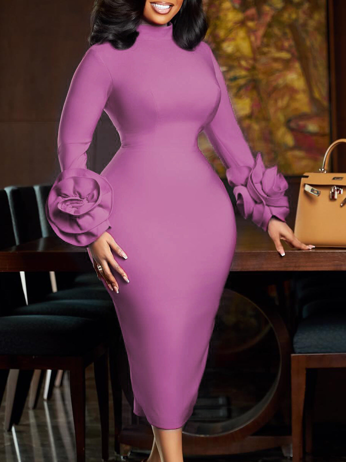 Semi-High Neck Chic Slim Elegant Office Floral Long Sleeve Bodycon Dress 7