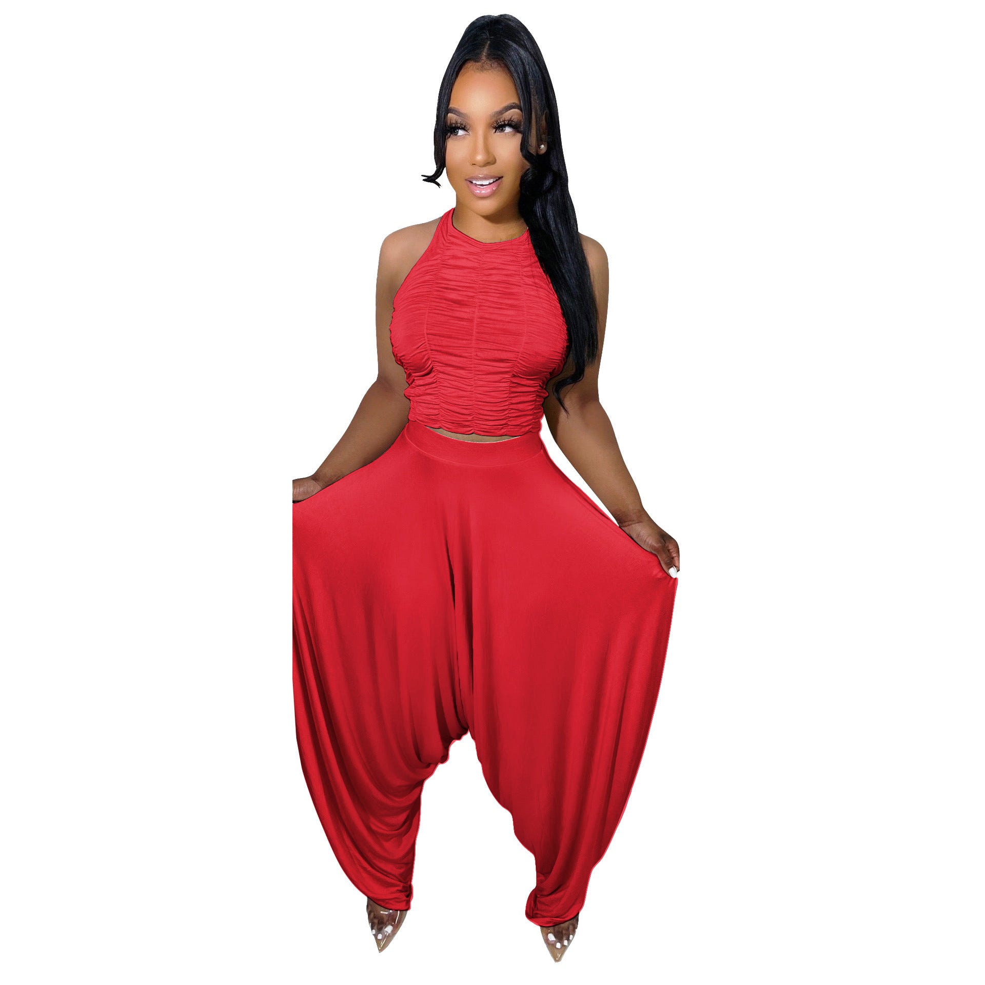 Women summer sexy pleated sleeveless top + wide leg pants two-piece set 13