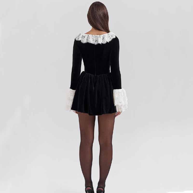 Autumn Fashion Sexy Chic Lace Velvet Long Sleeve A-Line Dress 5