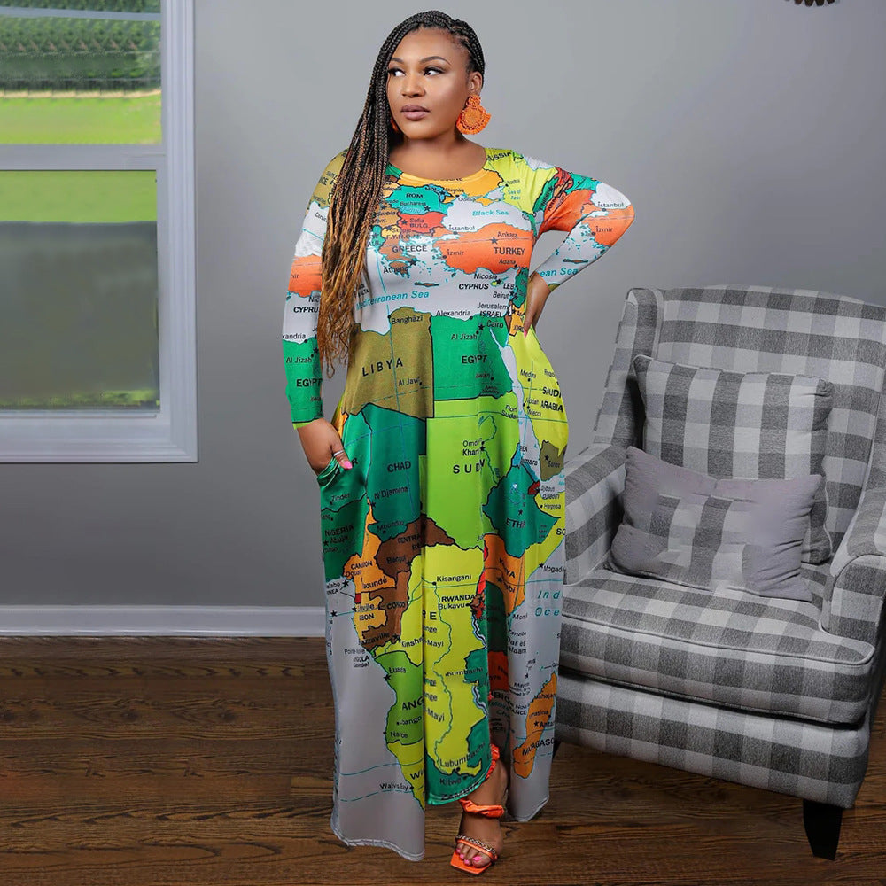 Women's Positioning Print Pockets Plus Size Loose Dress 6
