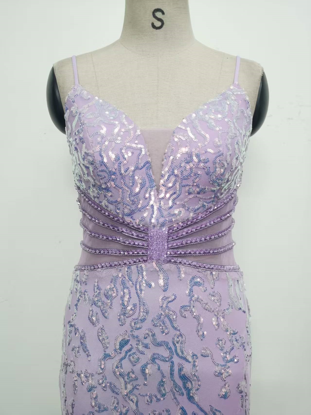 Women clothing V Neck sequins beaded hollow mesh off-shoulder Formal Party evening dress 35