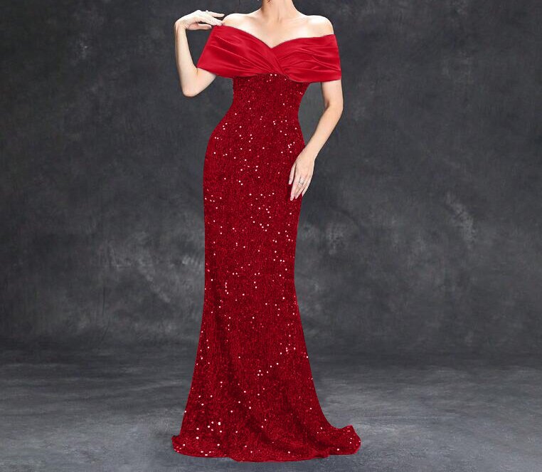 Women Off Shoulder Fishtail Sexy Sequin Party Evening Dress 3