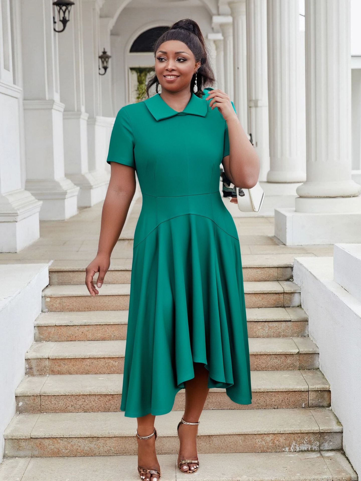 Plus Size Women Turndown Collar Irregular Elegant Dress 14