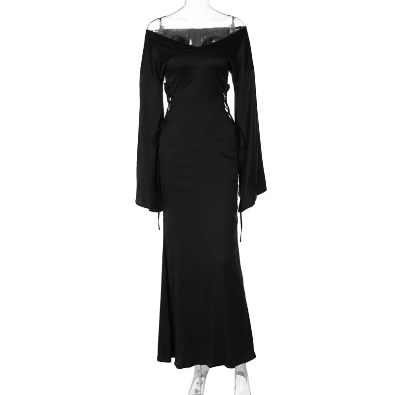 Women Autumn and Winter Tie Hollow Off Shoulder Loose Long Sleeve Dress 9