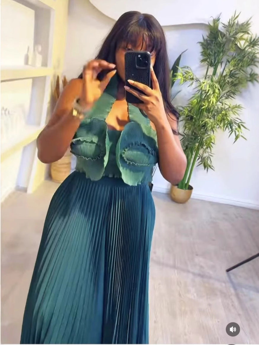 Women African Pleated Top + Wide Leg Pants Two-Piece Set 7