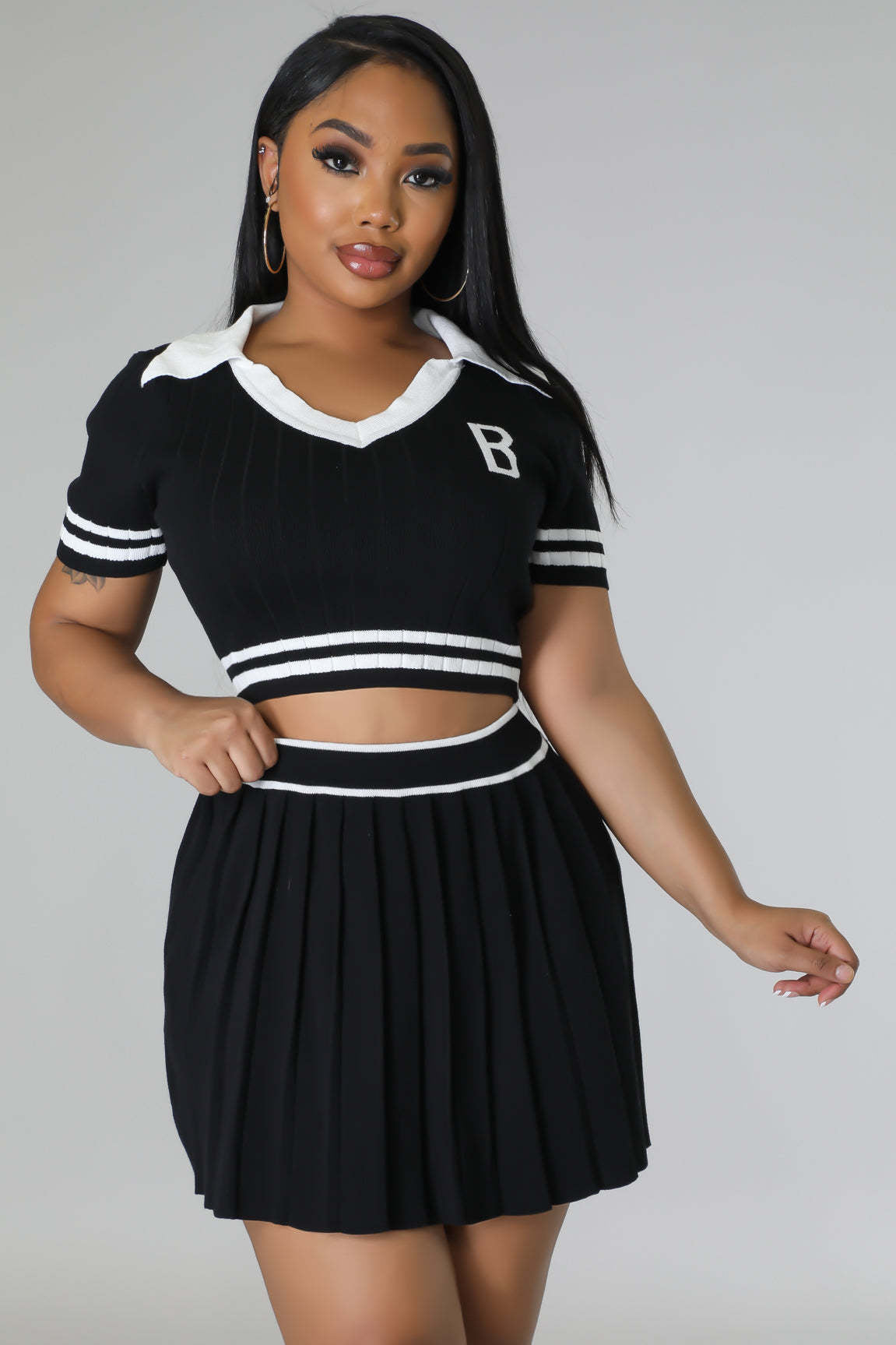 Women's Knitting Sports Pleated Skirt Cropped Short Sleeve Top Two Piece Set 8