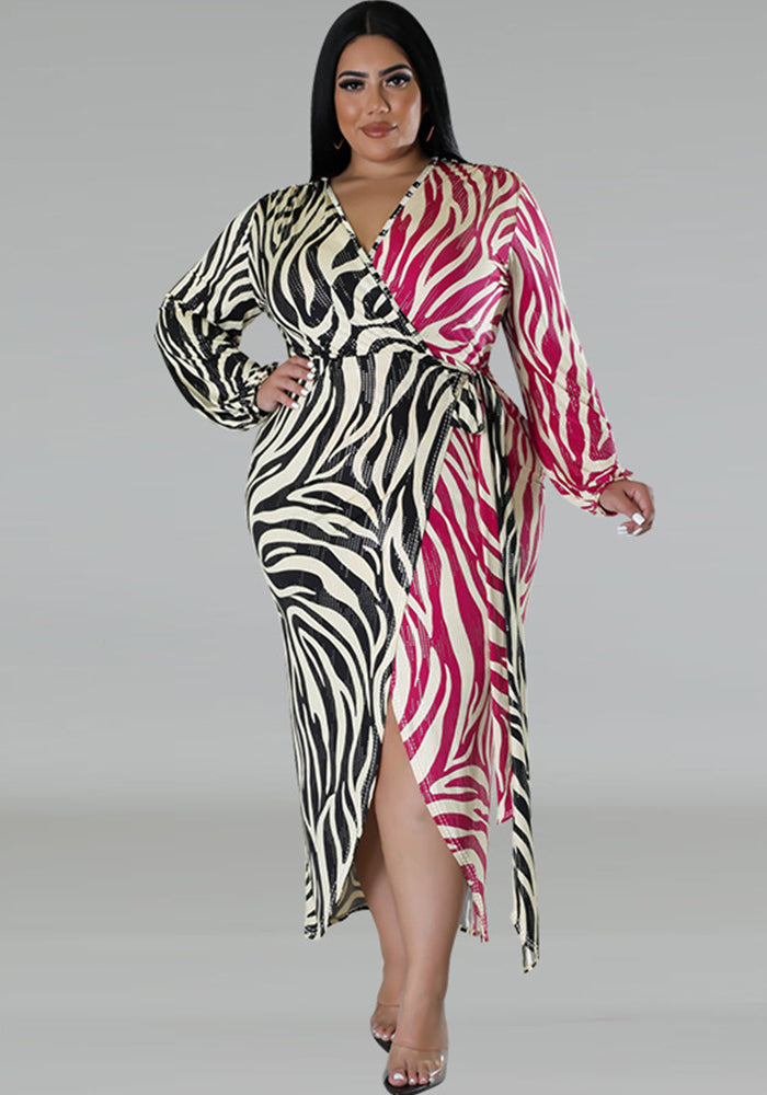 Plus Size Women Printed Two-Color Patchwork Lace-Up Irregular Sexy Dress