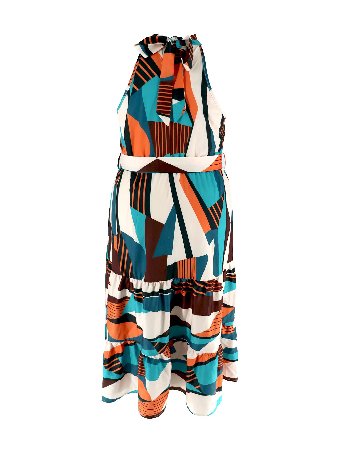 Plus Size Women's Bohemian Sleeveless High-Neck Geometric Print Color Block Tie-Waist Dress 5