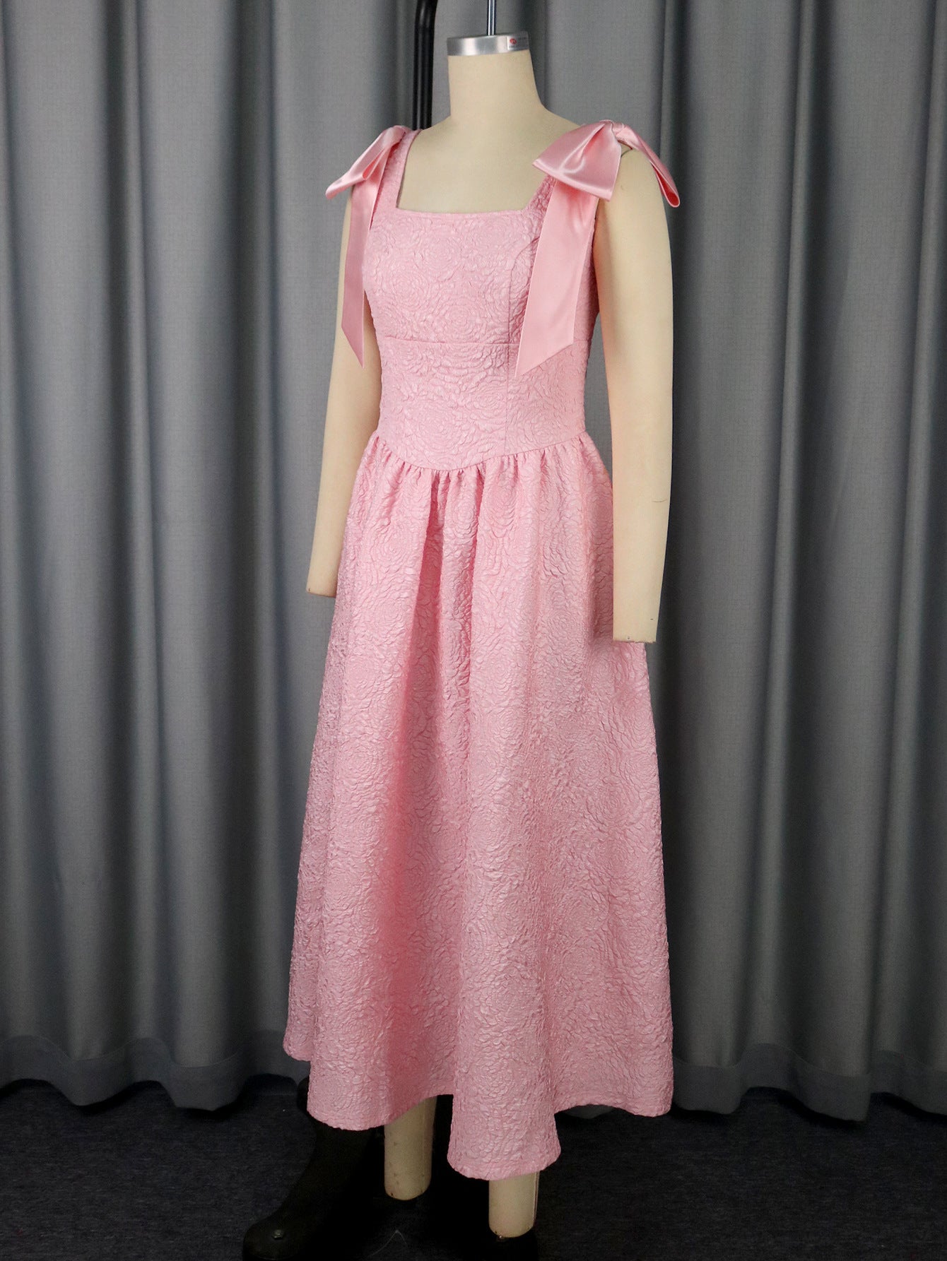 Women's Elegant Bow Lace-Up Rose Jacquard High-Waist A-Line Formal Party Gown 5