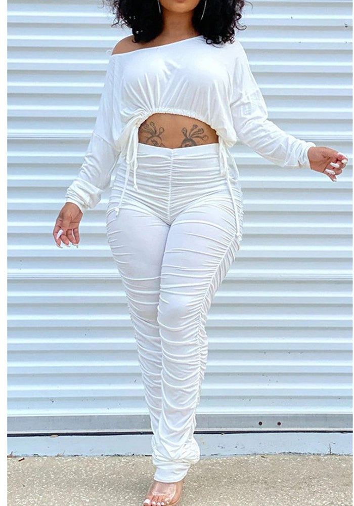 Women's Autumn And Winter Fashion Casual Sports Round Neck Pleated Drawstring Long-Sleeved Two Piece Trousers Set