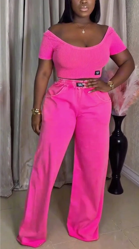 Summer Women's Solid Color Round Neck Short Sleeve Top Casual Pants Set 3