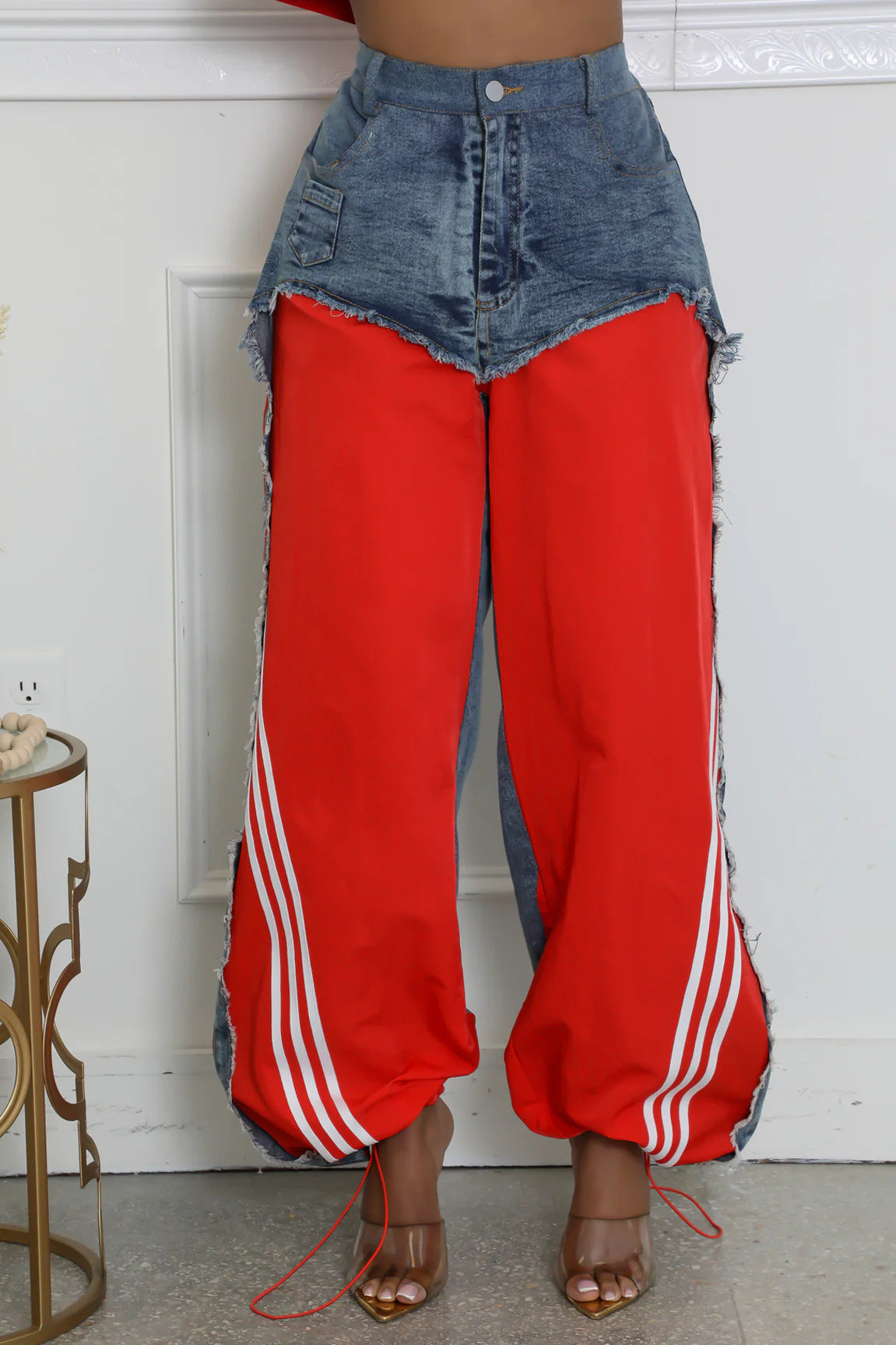 Women’s Streetwear Denim Patchwork Striped Drawstring Pants 5