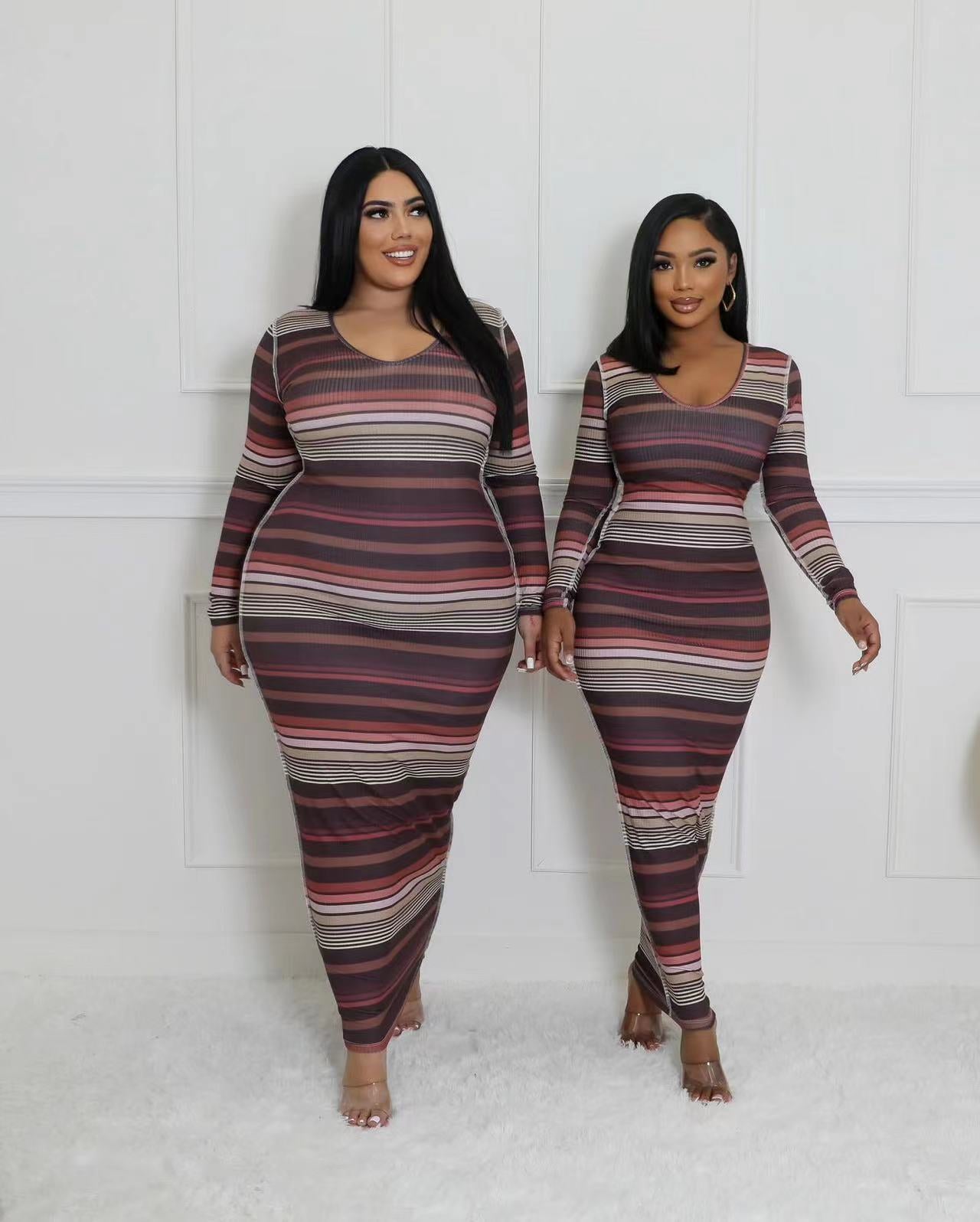 Women Ribbed Printed Stripe Round Neck Long Sleeve Dress 3