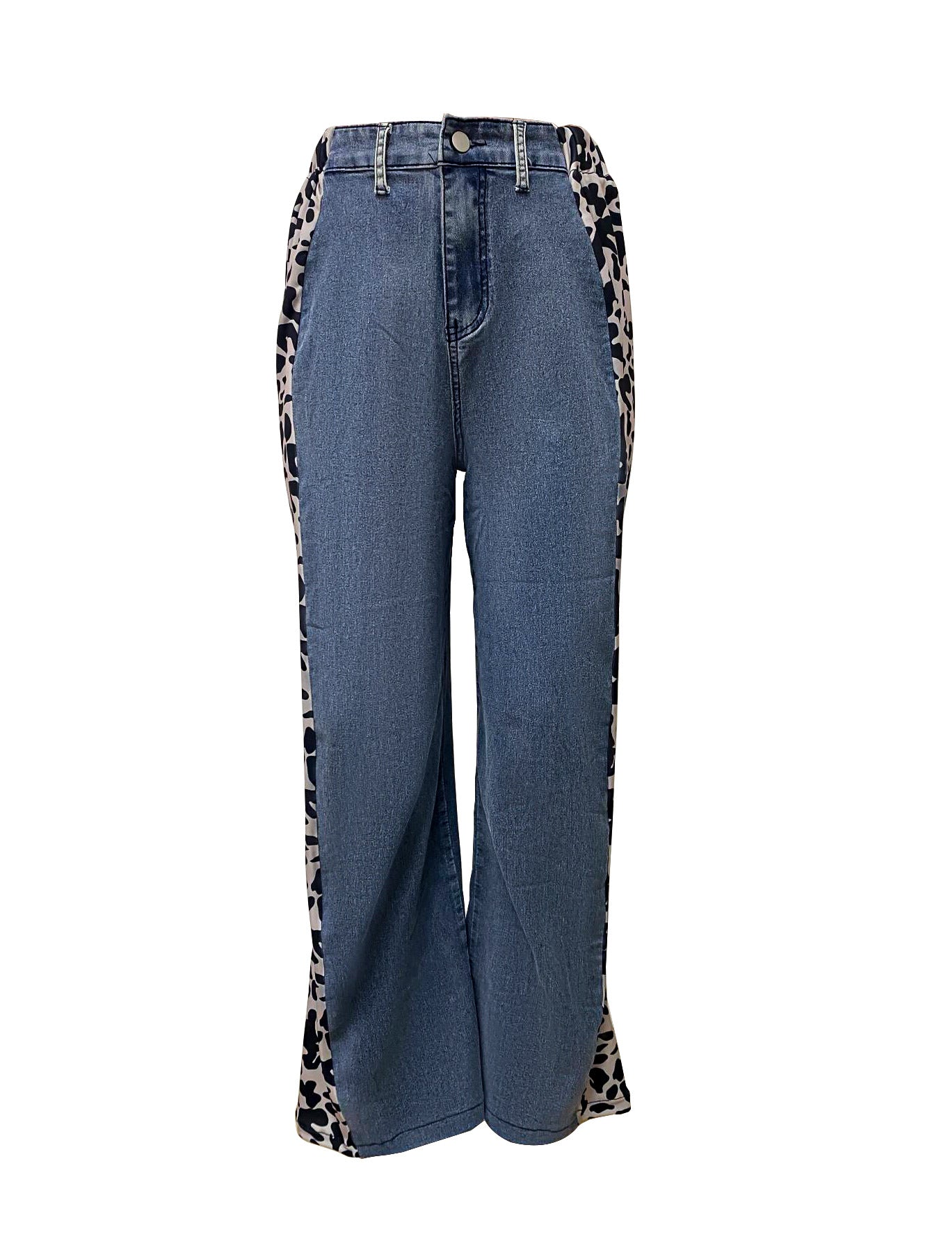 Women's street fashion leopard print patchwork straight denim trousers 9