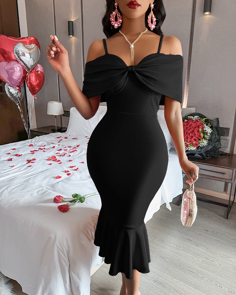 Women Red Bow Off Shoulder Suspender Fishtail Dress 9