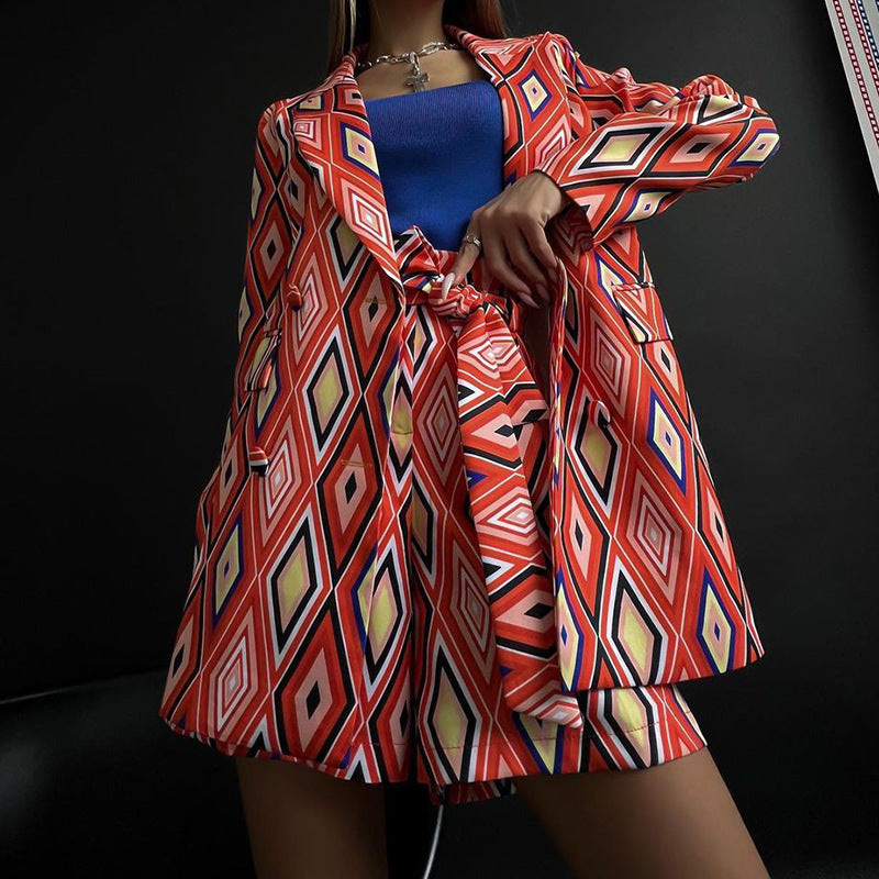 Fall Women Chic Print Blazer And Shorts Two Piece