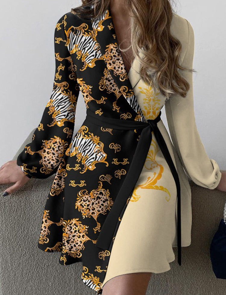 Autumn Black Print V-Neck Wrap Elegant Cocktail Dress